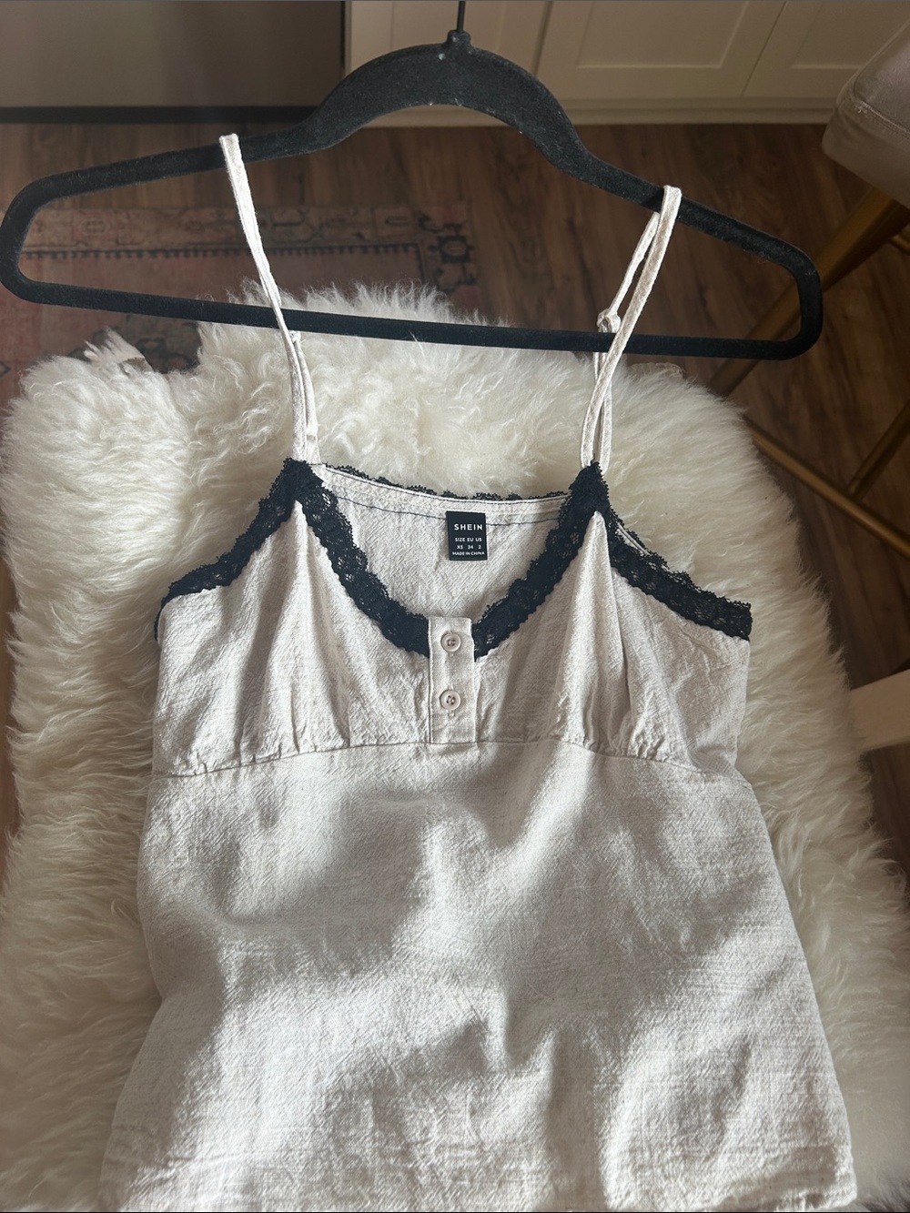 SHEIN Cream Cami with Black Lace Trim